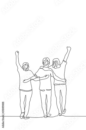 Vector illustration of a company of friends in one black outline. The silhouette of three close people who go somewhere and rejoice. Continuous line drawing in sketch style. Can be used for animation
