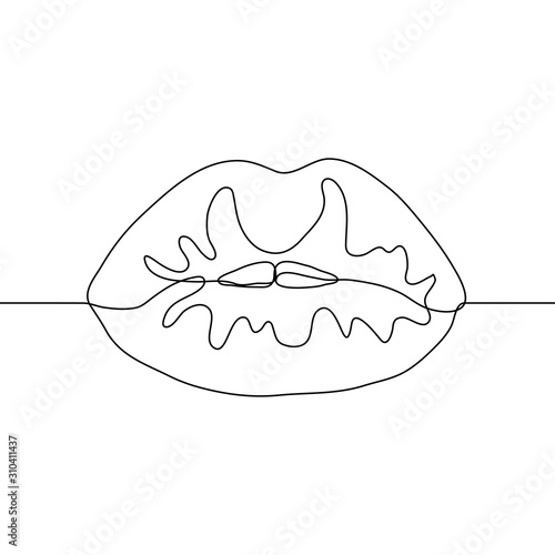 black contour silhouette of beautiful female lips. Continuous line art closed mouth with protruding front teeth. Hand-drawn vector illustration on a white background. Can be used for animation.