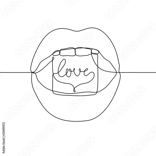 Open female mouth with a piece of sugar on which the inscription "Love". Continuous line drawing of the mouth with edible lettering. Hand-drawn vector illustration on a white background. For animation