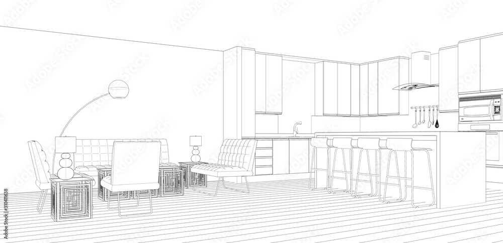 sketch of house with kitchen and living room, 3d rendering