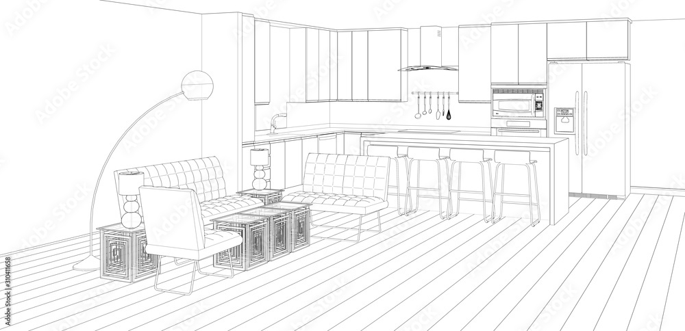 sketch of house with kitchen and lounge, 3d rendering