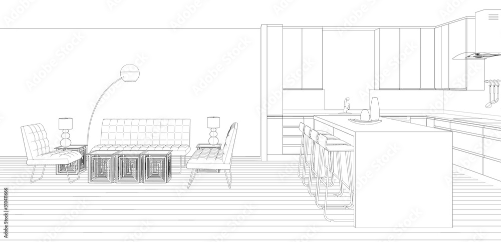 sketch of house with kitchen and lounge, 3d rendering background
