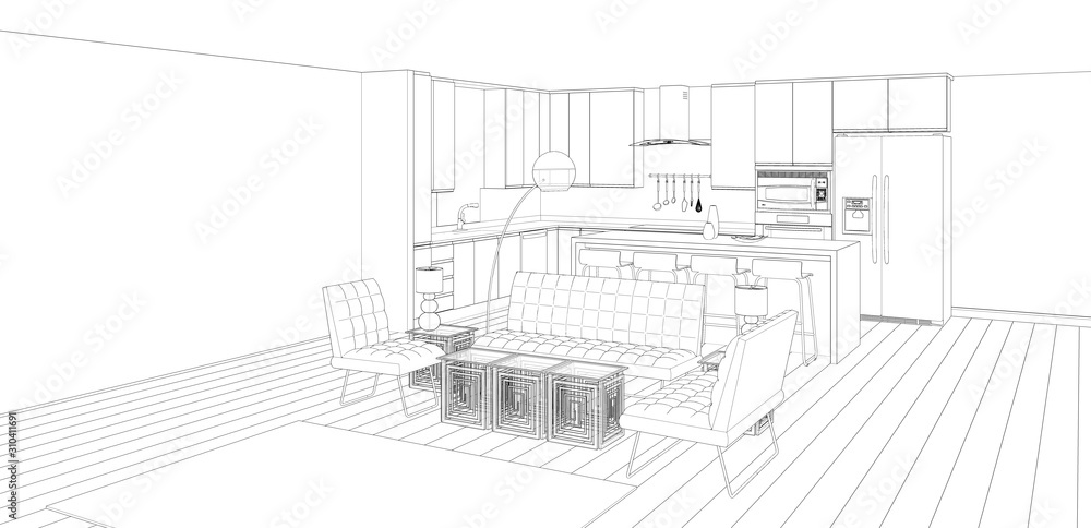 Fototapeta premium sketch of house interior with kitchen and lounge, 3d rendering