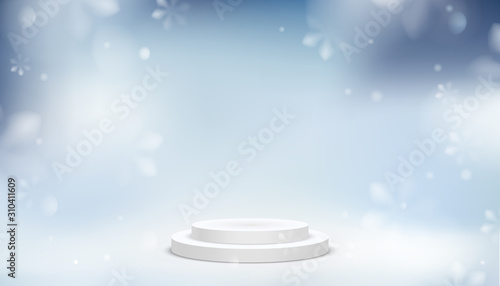 Winter blue abstract background with snowflakes and product showcase stage vector template