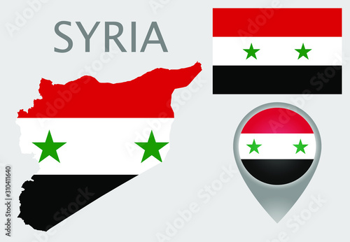 Colorful flag, map pointer and map of Syria in the colors of the syrian flag. High detail. Vector illustration