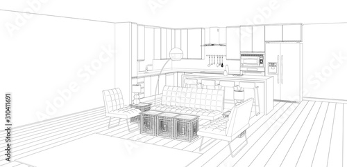 sketch of house interior with kitchen and lounge, 3d rendering