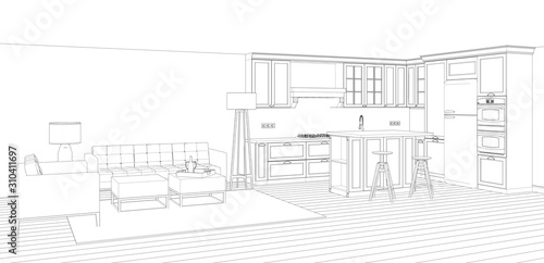 sketch of house interior design with kitchen and lounge, 3d rendering