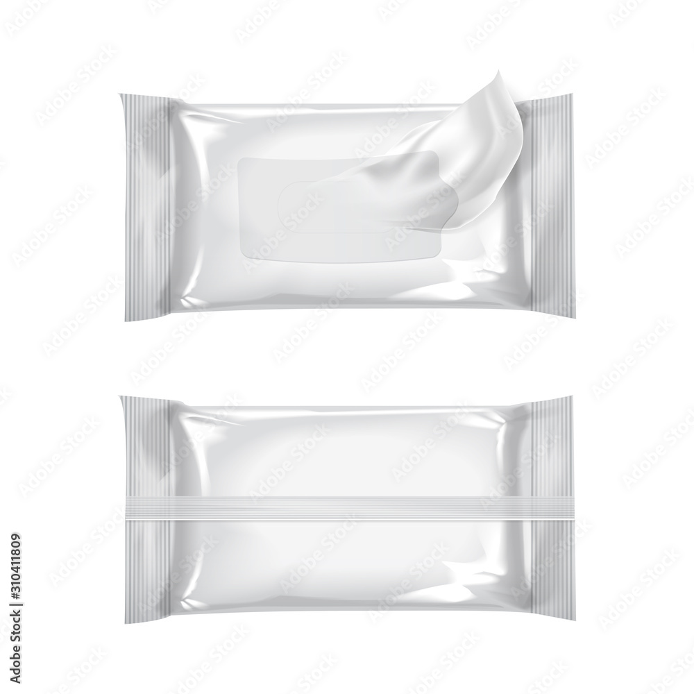 Mockup of wet wipe flow pack. Wet wipes. Realistic pack on white background. Vector template Mockup of wet wipe flow pack. Wet wipes. Realistic pack on white background. Vector template