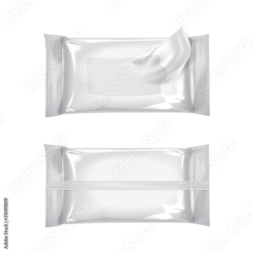 Mockup of wet wipe flow pack. Wet wipes. Realistic pack on white background. Vector template