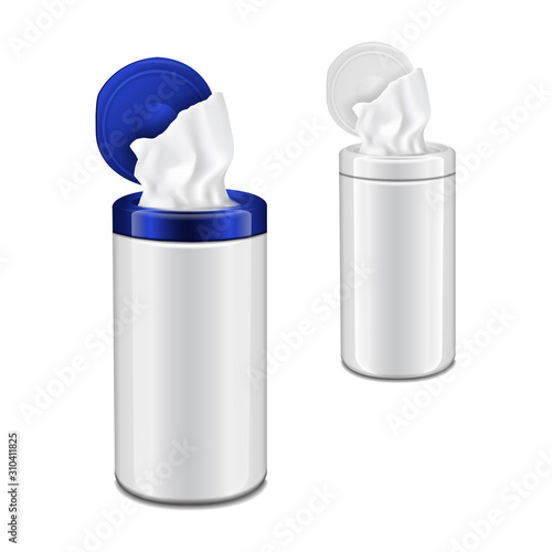 Wet Wipes Plastic Pack with flap. Vector realistic blank package set mockup