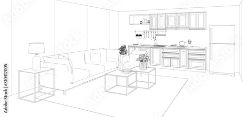 sketch of modern house, living room and kitchen design, 3d render