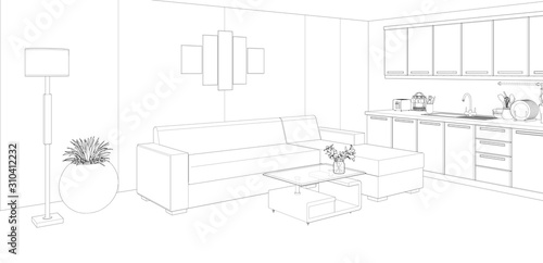 drawing of living room and kitchen interior, 3d rendering