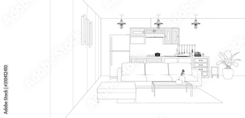 sketch of modern kitchen and living room interior, 3d rendering background