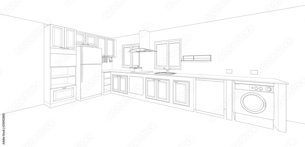 drawing of kitchen interior design, 3d render