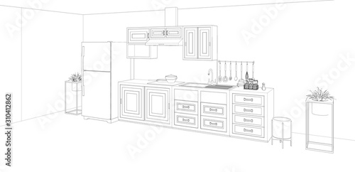 drawing of kitchen interior, 3d render background