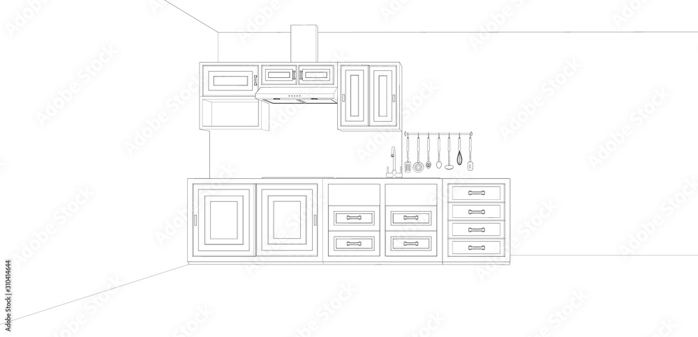 sketch of modern classic kitchen design, 3d rendering