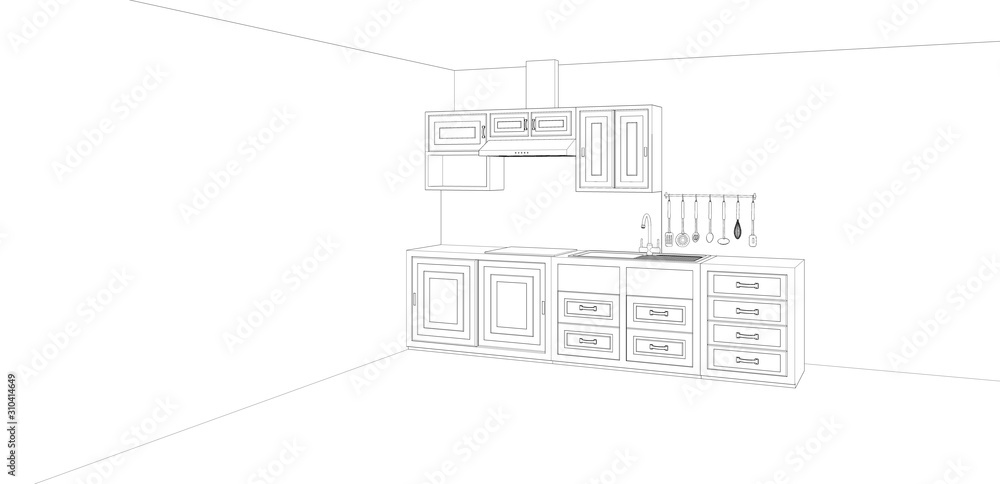 sketch of modern classic kitchen design, 3d rendering background