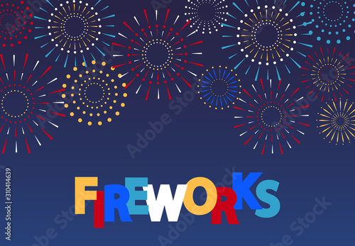 Multi-colored fireworks in honor of the holiday. Cut out of paper. Flyer, invitation. illustration