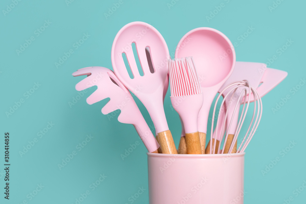Kitchen utensils, home kitchen tools, mint rubber accessories on dark  background. Restaurant, cooking, culinary, kitchen theme. Silicone spatulas  and brushes, free space for text Stock Photo by ©Magryt_Artur 441739462