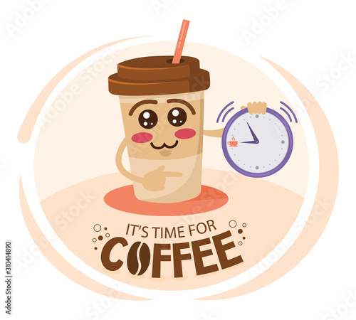 Funny cartoon character coffee cup Pointing Time. Free Coffee discount concept.