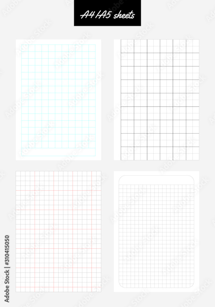 Set of square paper sheets for notebook, daily planner, copybook, sketchpad. Vector isolated sheets with black, blue and red grid. A4, A5, A6 standard scaled size Set of square paper sheets for notebook, daily planner, copybook, sketchpad. Vector isolated sheets with black, blue and red grid. A4, A5, A6 standard scaled size