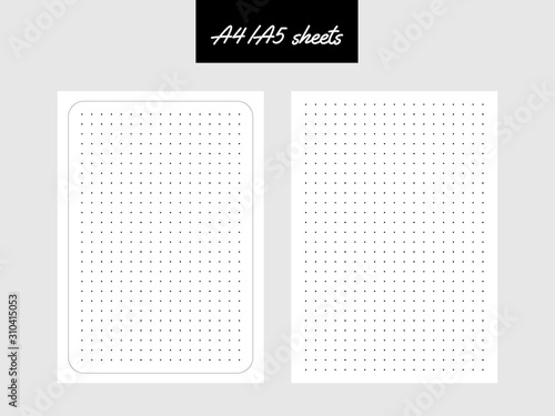 Set of dotted paper sheets for notebook, daily planner, copybook, sketchpad. Vector isolated sheets with black dots on the white background. A4, A5, A6 standard scaled size