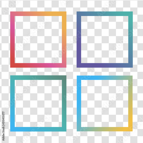 Collection of multicolored square gradient frames for social media template, photo, banner, poster, card. Vector illustration