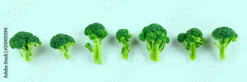 Broccoli, overhead panoramic shot of many florets on a blue background photo