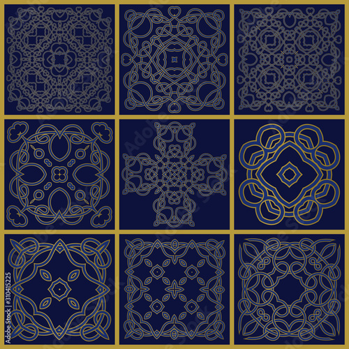 Template with Celtic vector ornaments. Abstract elements with blue and gold colors