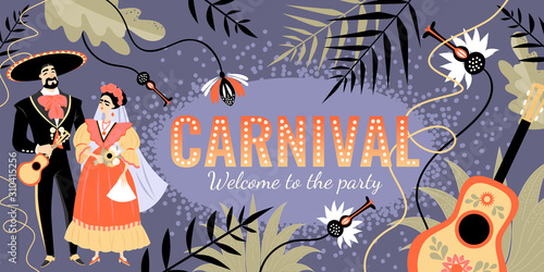 Carnival banner in latin american style with funny characters on floral background. Couple in traditional mexican costumes at a party.