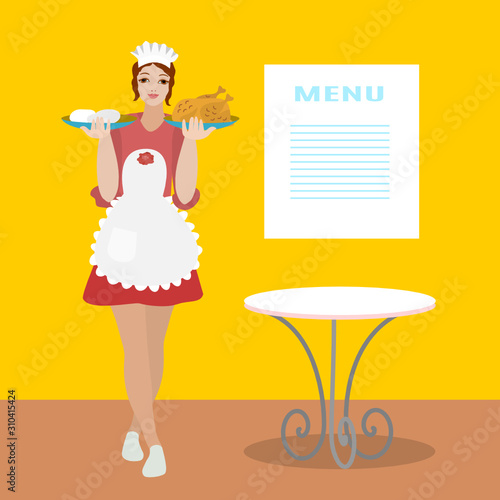 Girl waiter dressed in a pink dress and a white apron carries a dish of chicken and potatoes, clip-art on background with table and menu