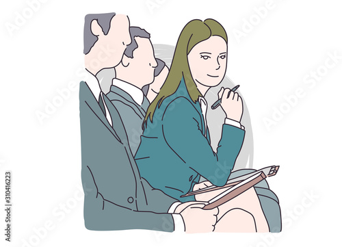 Smiling businesswoman with pen among men. young business woman. job seeker. Hand drawing.