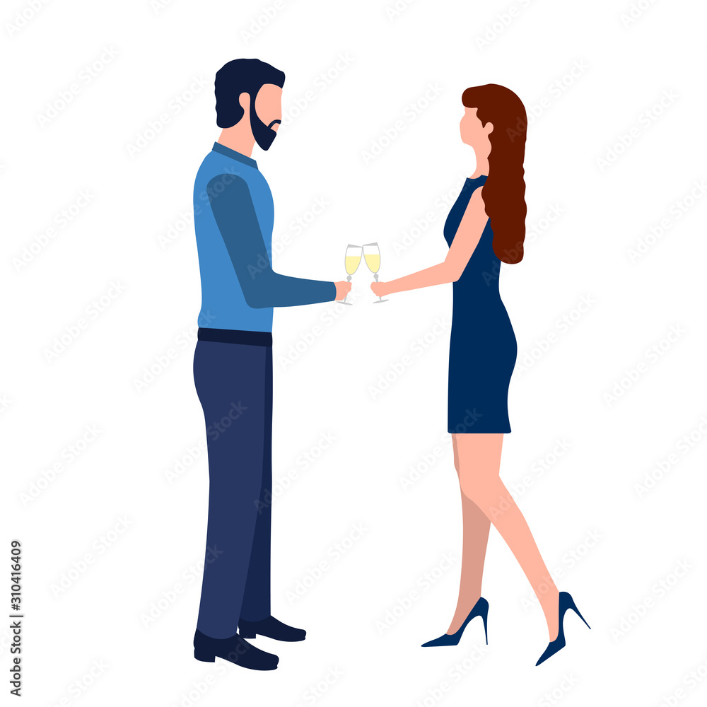 Young couple with wine glasses of champagne celebrate Christmas, Valentine's Day, wedding anniversary or other holiday. Isolated man and woman on white background. Flat cartoon vector illustration.