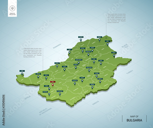 Stylized map of Bulgaria. Isometric 3D green map with cities, borders, capital Sofia, regions. Vector illustration. Editable layers clearly labeled. English language.