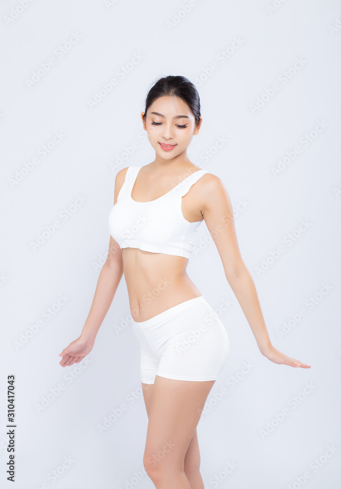 Portrait young asian woman smiling beautiful body diet with fit isolated on white background, model girl weight slim with cellulite or calories, health and wellness concept. Portrait young asian woman smiling beautiful body diet with fit isolated on white background, model girl weight slim with cellulite or calories, health and wellness concept.