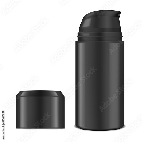 Open black mist spray bottle, realistic mockup. Men deodorant, after shave lotion, shaving gel or foam packaging, vector template