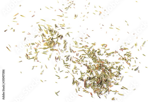 Dry thyme pile isolated on white background, top view 