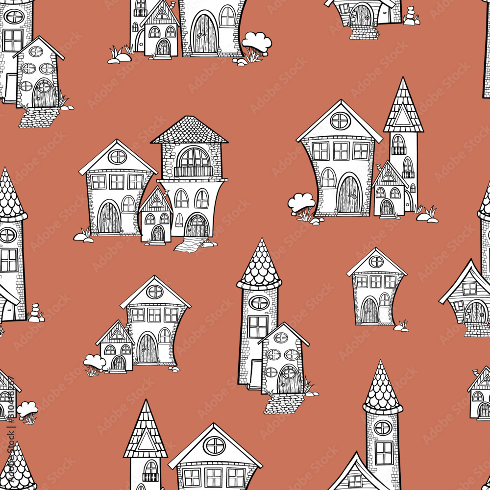 black and white house seamless pattern on colored background children building architecture home vector outline illustration doodle city