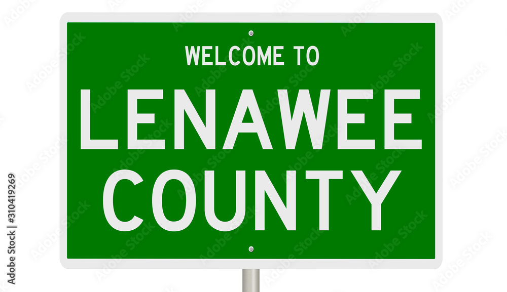 Rendering of a green 3d highway sign for lenawee County