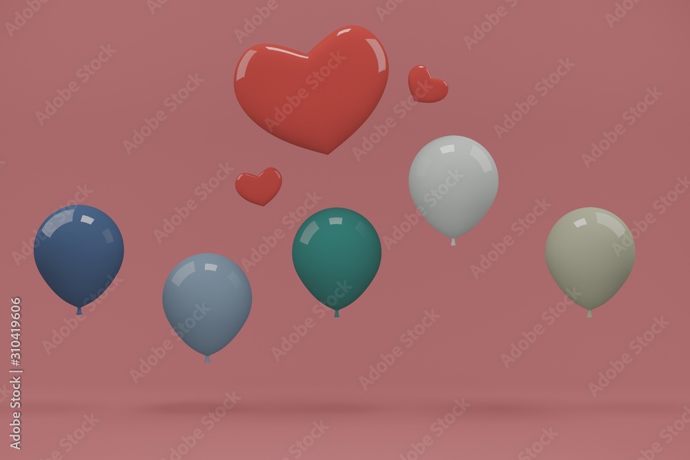 cute glossy heart blue yellow and green balloons floating design scene on pastel pink background. for birthday, party, promotion social media banners, posters idea creative concept 