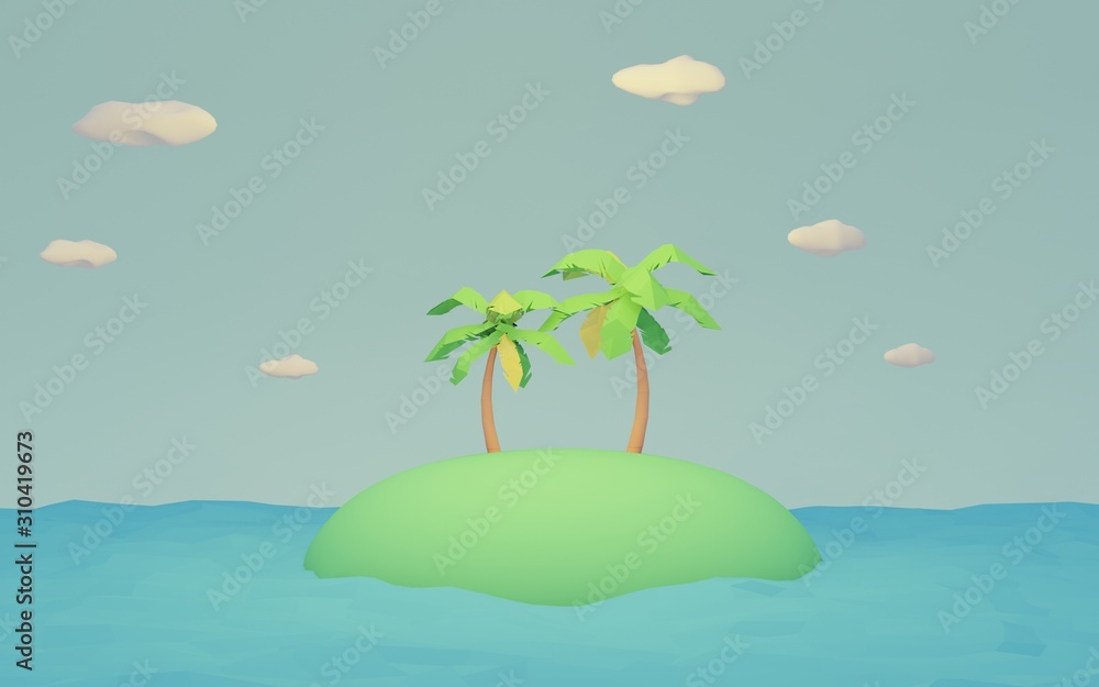 cute low poly cartoon alone two coconut tree on island isometric design. beautiful summer landscape on blue sky and cloud background, minimal idea creative concept  