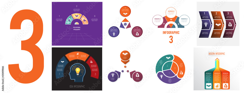 Set 8 universal templates for Infographics conceptual cyclic processes for 3 positions possible to use for workflow, banner, diagram, web design, timeline, area chart,number options