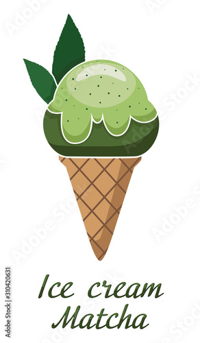 Ice cream and Matcha tea. Delicious cold dessert with traditional powdered tea. Ice cream balls in a waffle cone with tea leaves. Vector illustration isolated on white background for design and web.