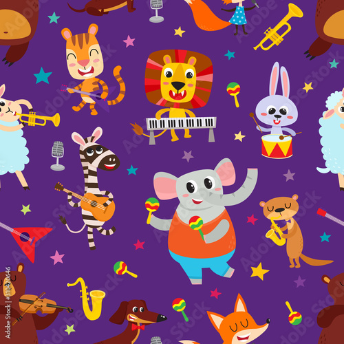 Cute adorable animals character with musical instrument.