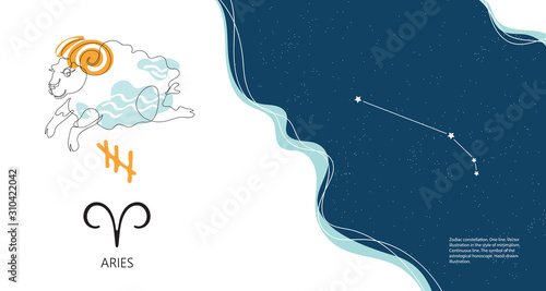 Zodiac background. Aries constellation. Horizontal banner. One line.