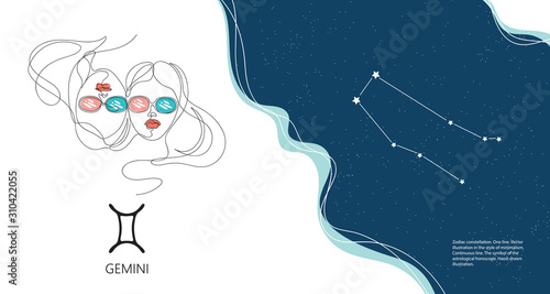 Zodiac background. Gemini constellation. Horizontal banner. One line. Minimalistic graphics.