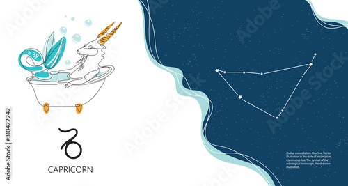 Zodiac background. Capricorn constellation. Horizontal banner. One line.