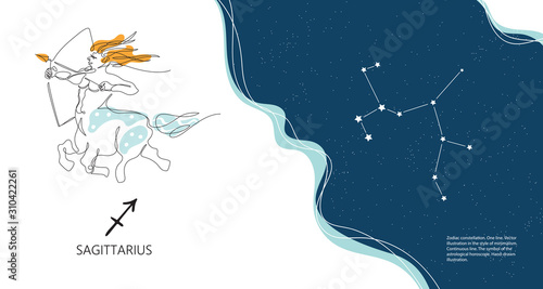 Zodiac background. Constellation Sagittarius. Horizontal banner. One line.