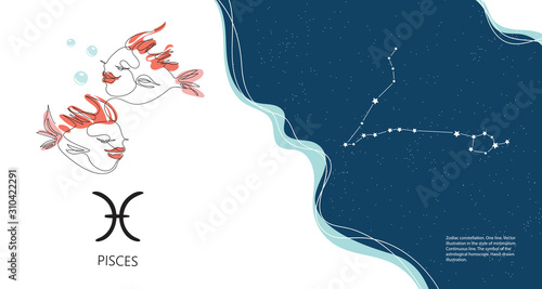 Zodiac background. Pisces constellation. The element of water. Horizontal banner.