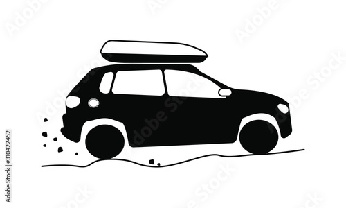 Car travel icon with roof rack or box.